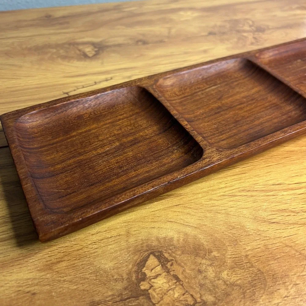 VintagTeak Wood Trinket Tray Serving Dish 3 Section MCM Appetizer Dish Boho